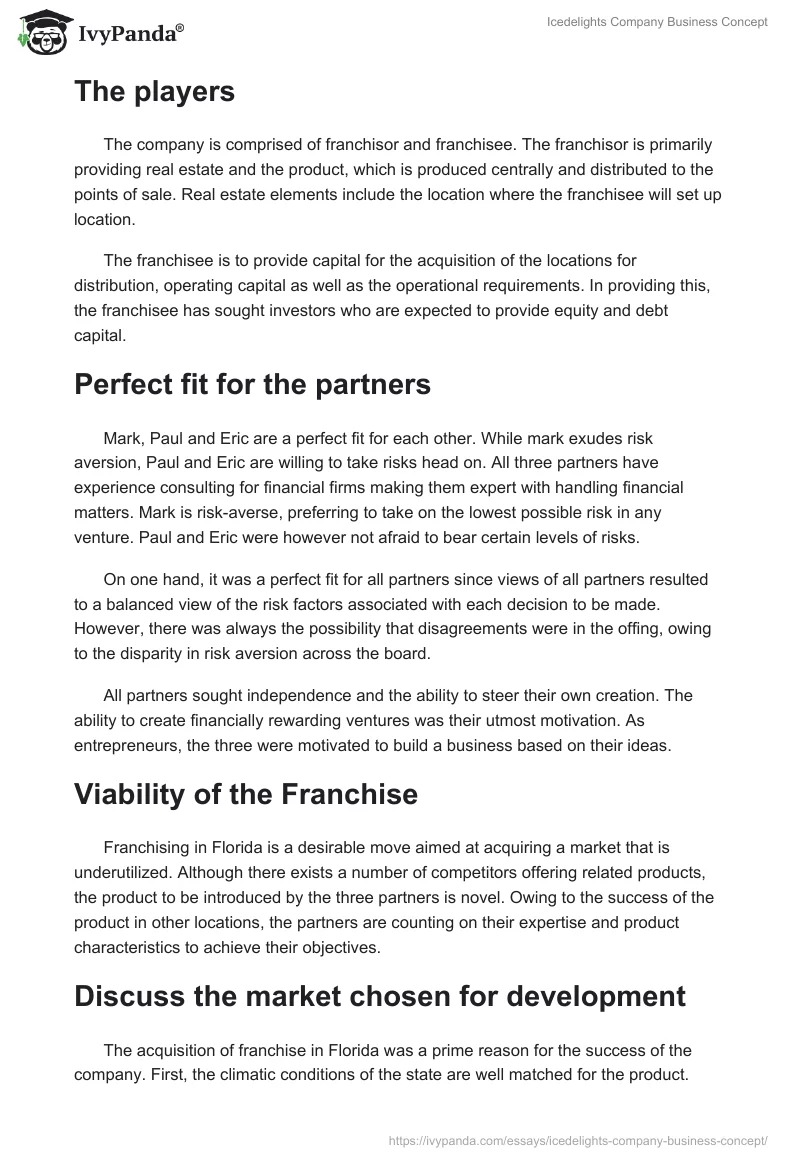 Icedelights Company Business Concept. Page 2