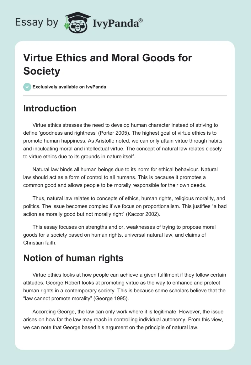 Virtue Ethics and Moral Goods for Society. Page 1