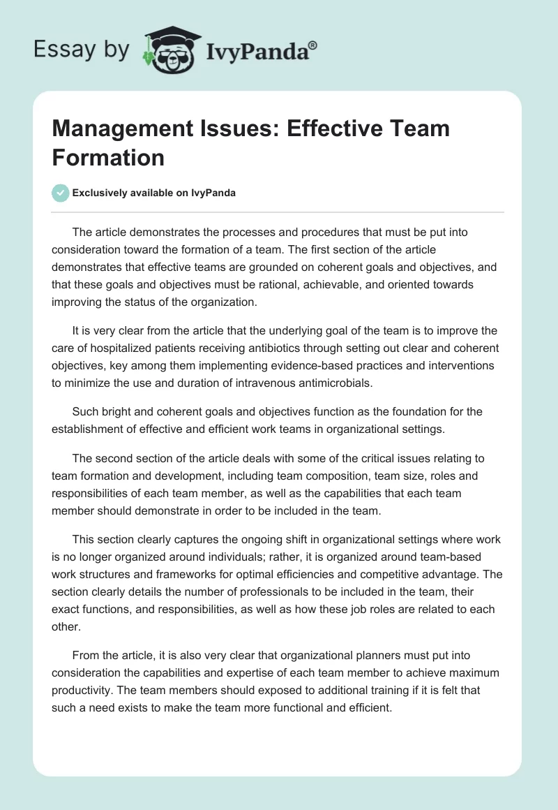 Management Issues: Effective Team Formation. Page 1