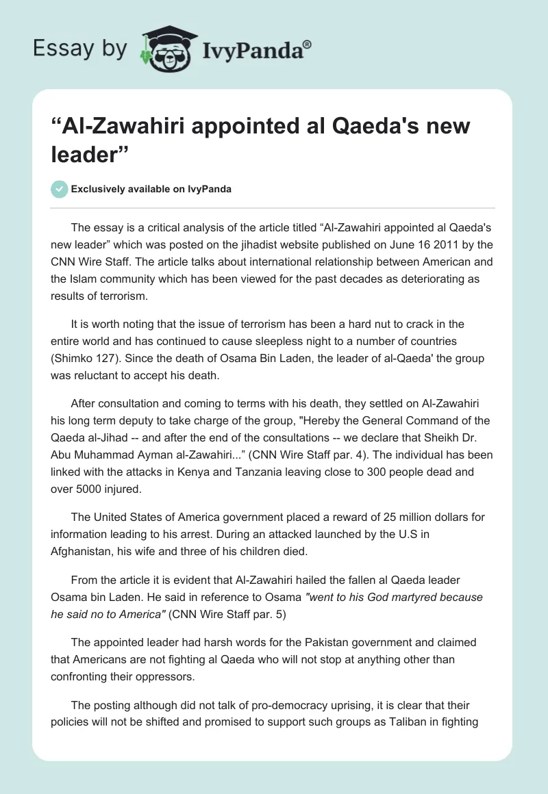 “Al-Zawahiri Appointed Al Qaeda's New Leader”. Page 1