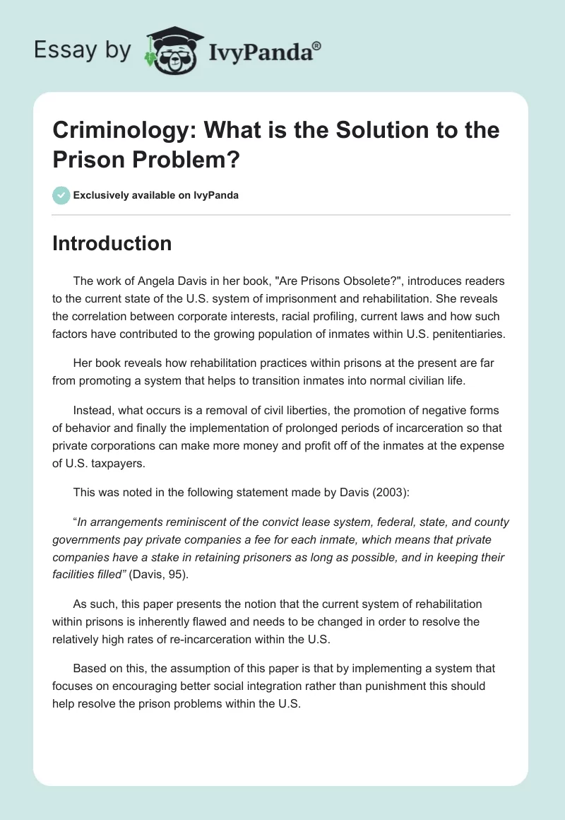 Criminology: What Is the Solution to the Prison Problem?. Page 1