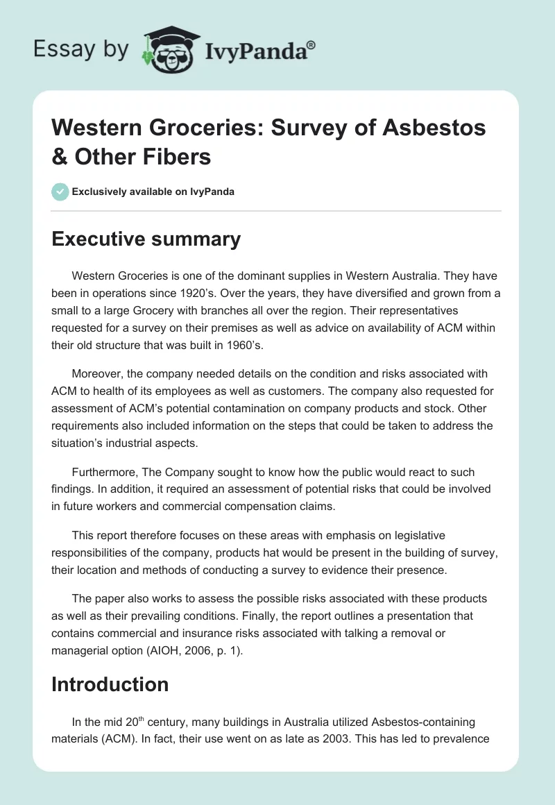 Western Groceries: Survey of Asbestos & Other Fibers. Page 1