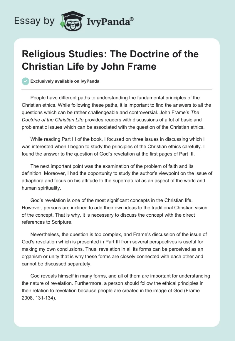 Religious Studies: The Doctrine of the Christian Life by John Frame. Page 1