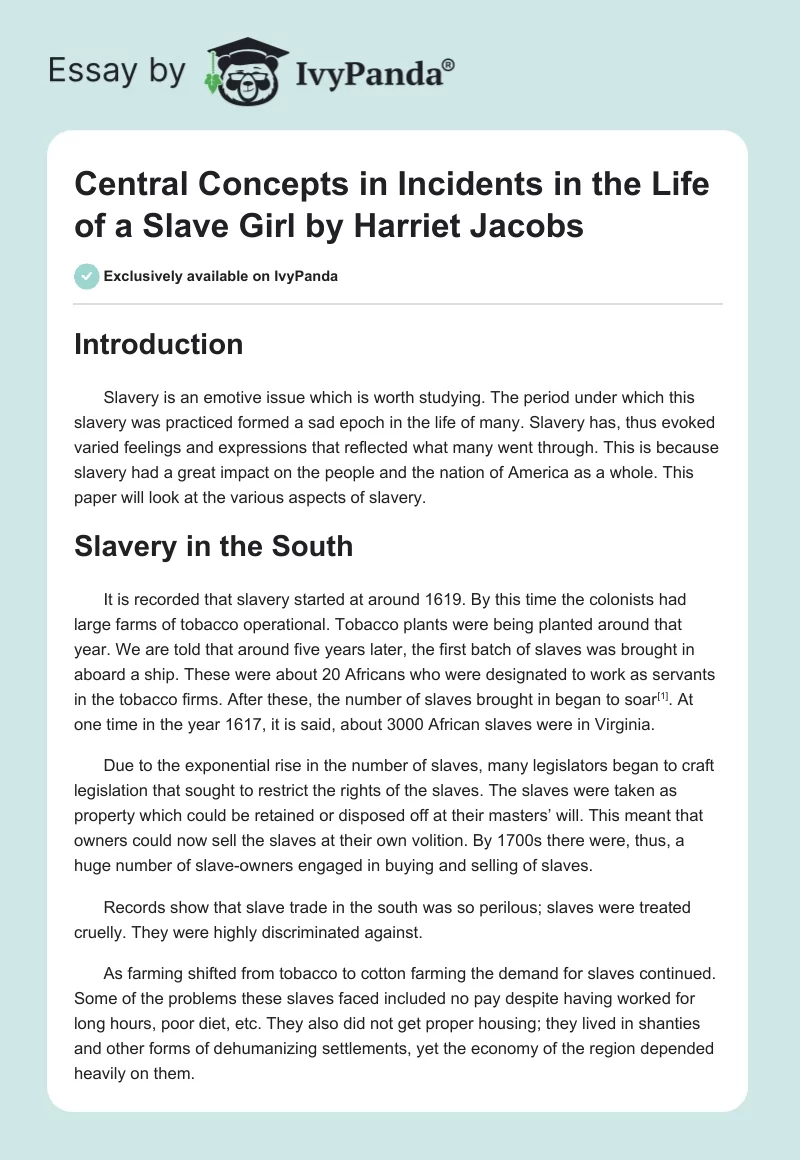Central Concepts in "Incidents in the Life of a Slave Girl" by Harriet Jacobs. Page 1