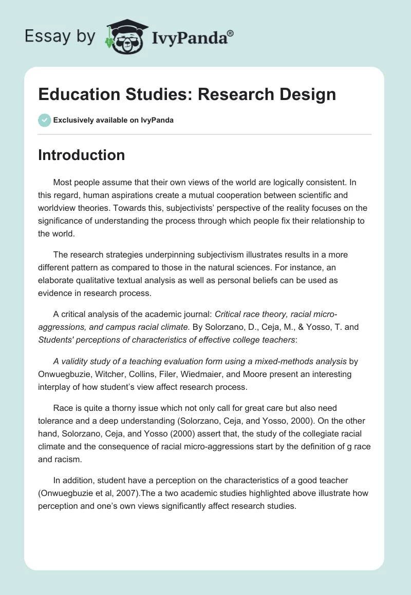 Education Studies: Research Design. Page 1
