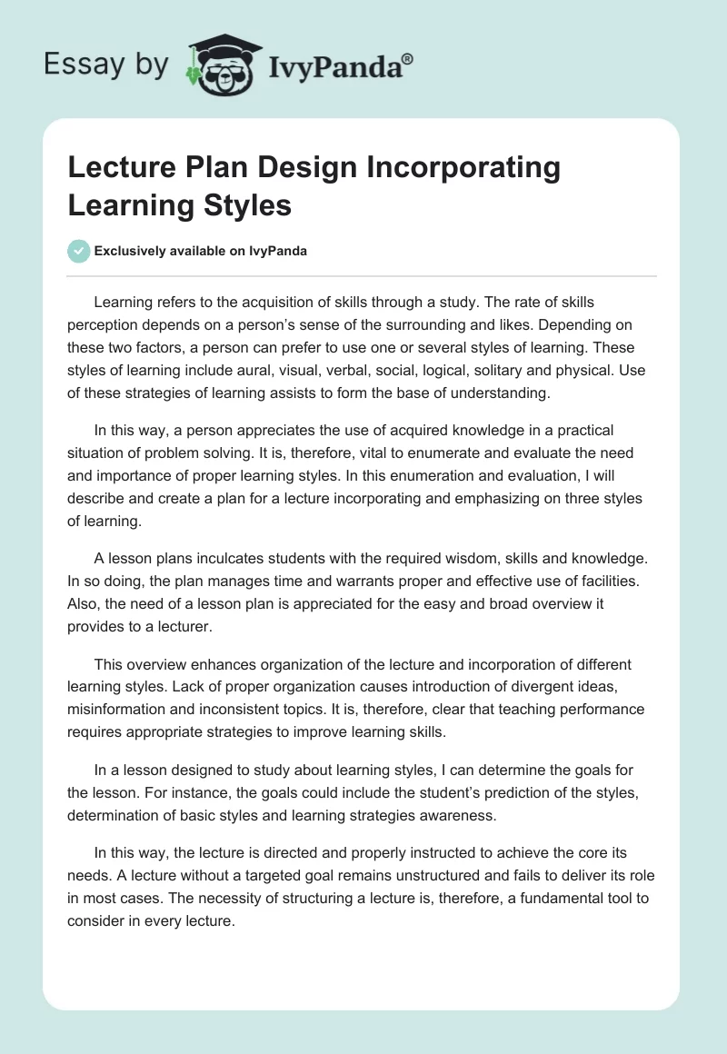 Lecture Plan Design Incorporating Learning Styles. Page 1