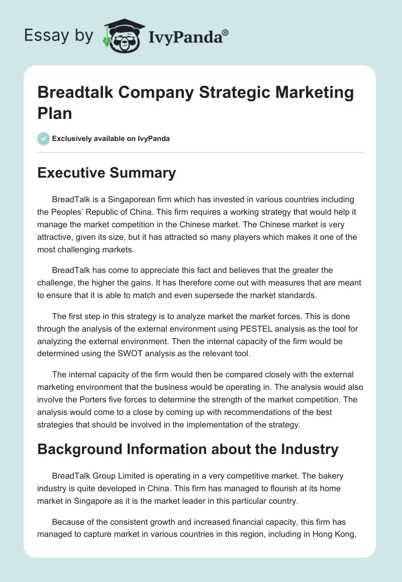 Breadtalk Company Strategic Marketing Plan. Page 1