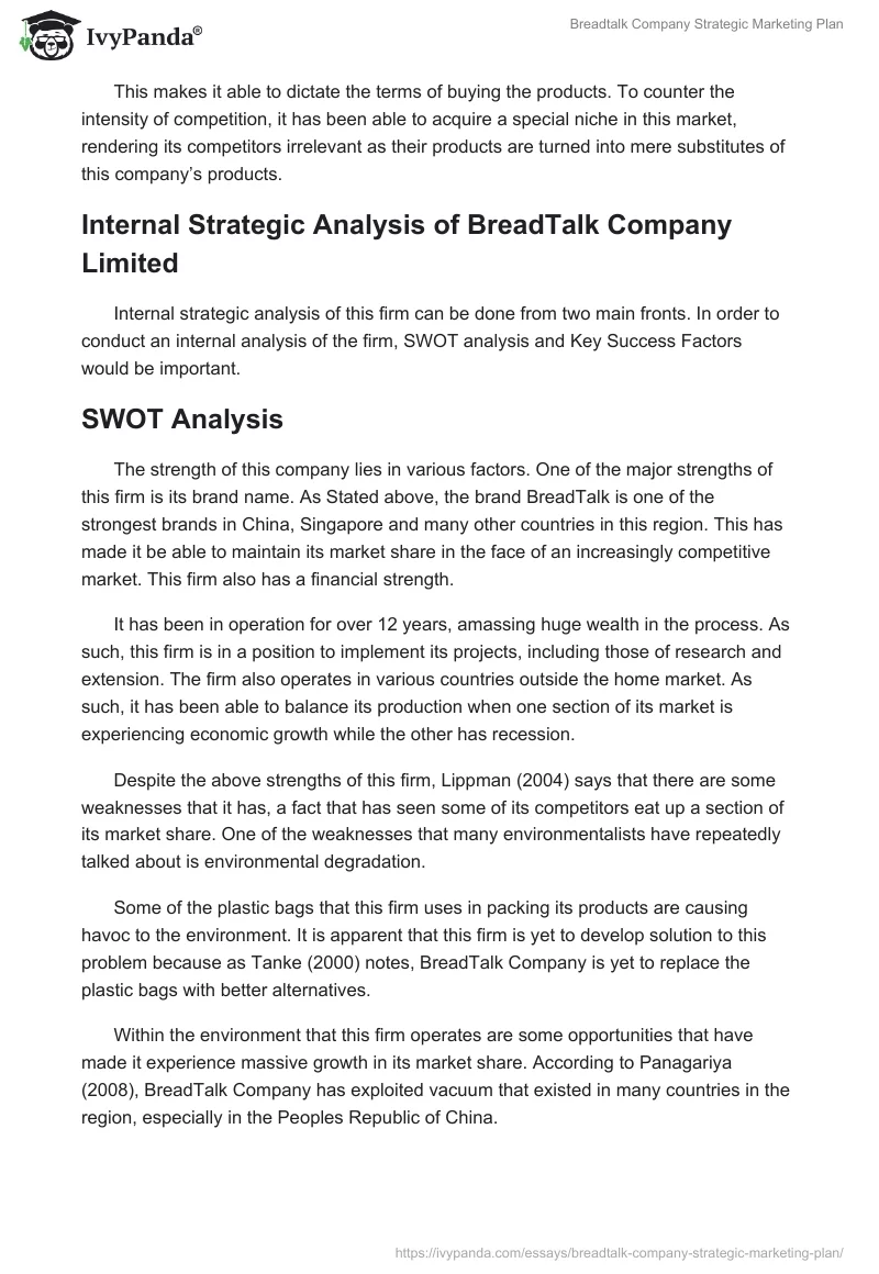 Breadtalk Company Strategic Marketing Plan. Page 5