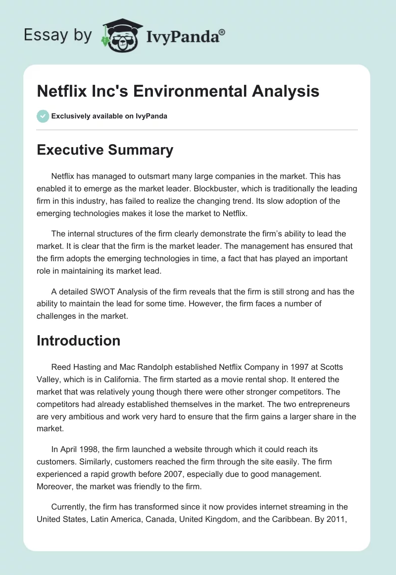 Netflix Inc's Environmental Analysis. Page 1