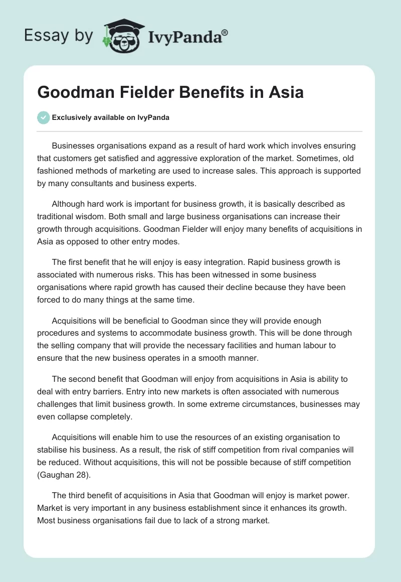 Goodman Fielder Benefits in Asia. Page 1
