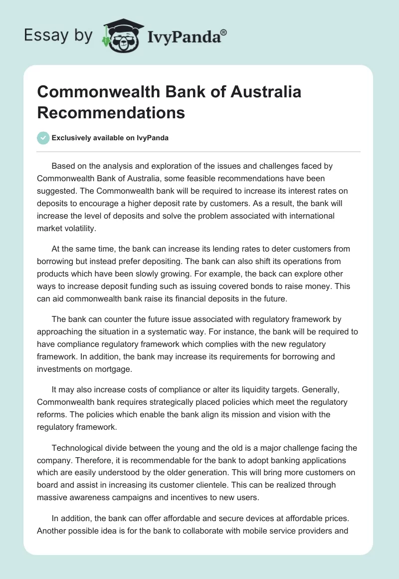 Commonwealth Bank of Australia Recommendations. Page 1