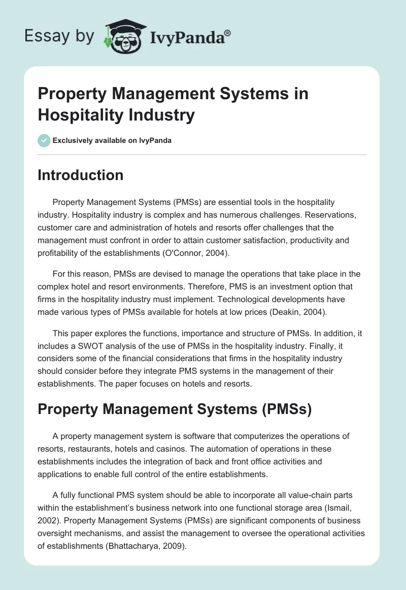 Property Management Systems in Hospitality Industry. Page 1