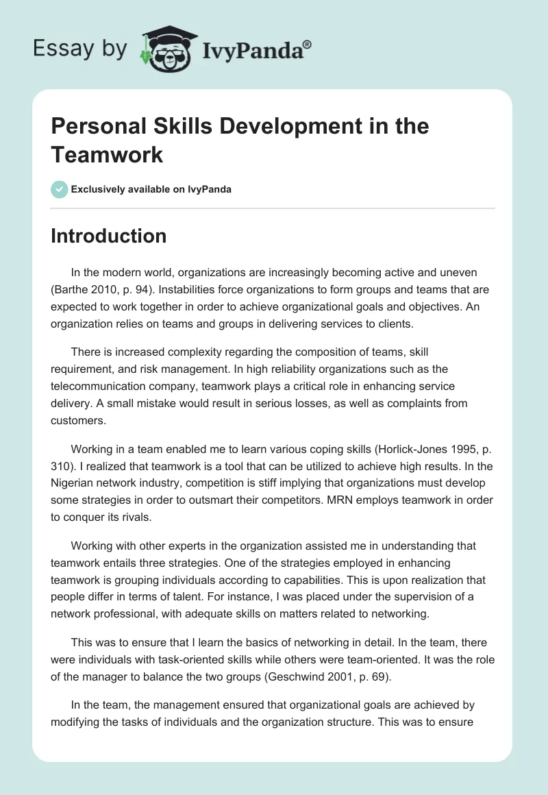 Personal Skills Development in the Teamwork. Page 1