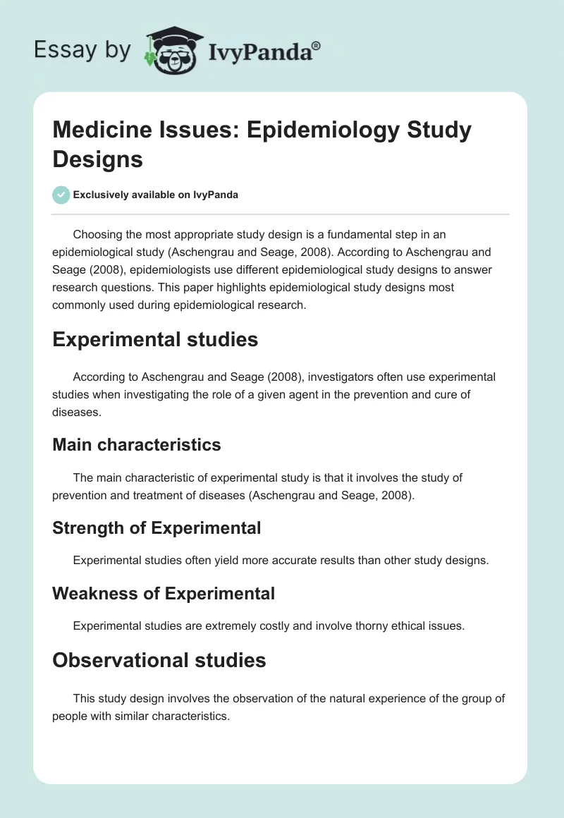 Medicine Issues: Epidemiology Study Designs. Page 1