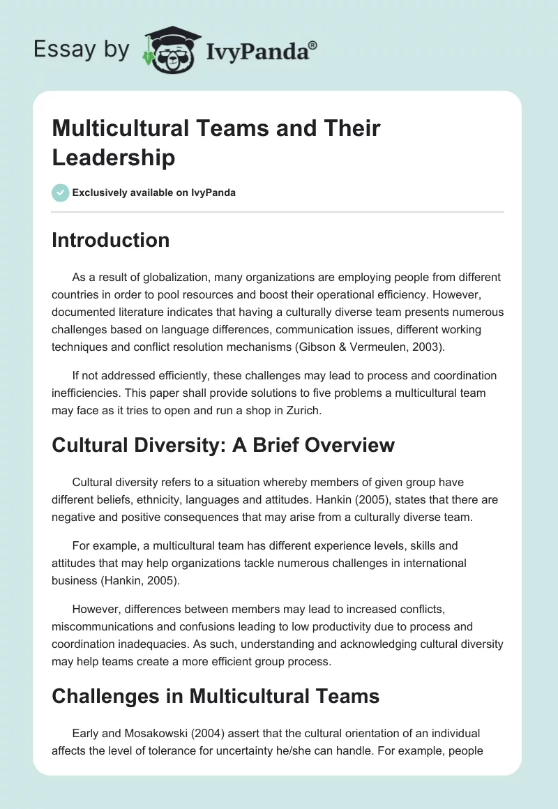Multicultural Teams and Their Leadership. Page 1