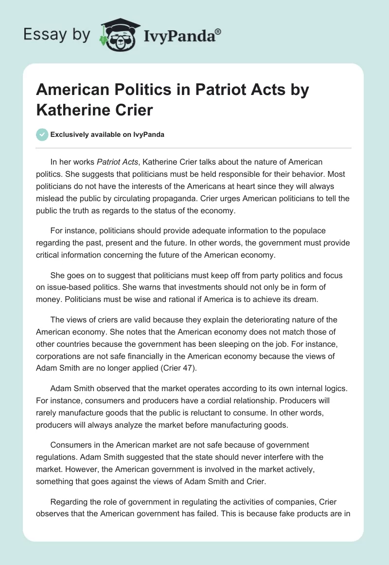 American Politics in "Patriot Acts" by Katherine Crier. Page 1