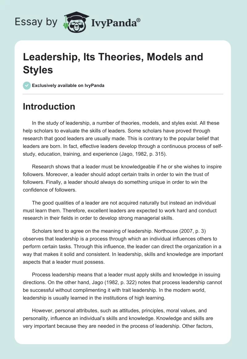 Leadership, Its Theories, Models and Styles. Page 1