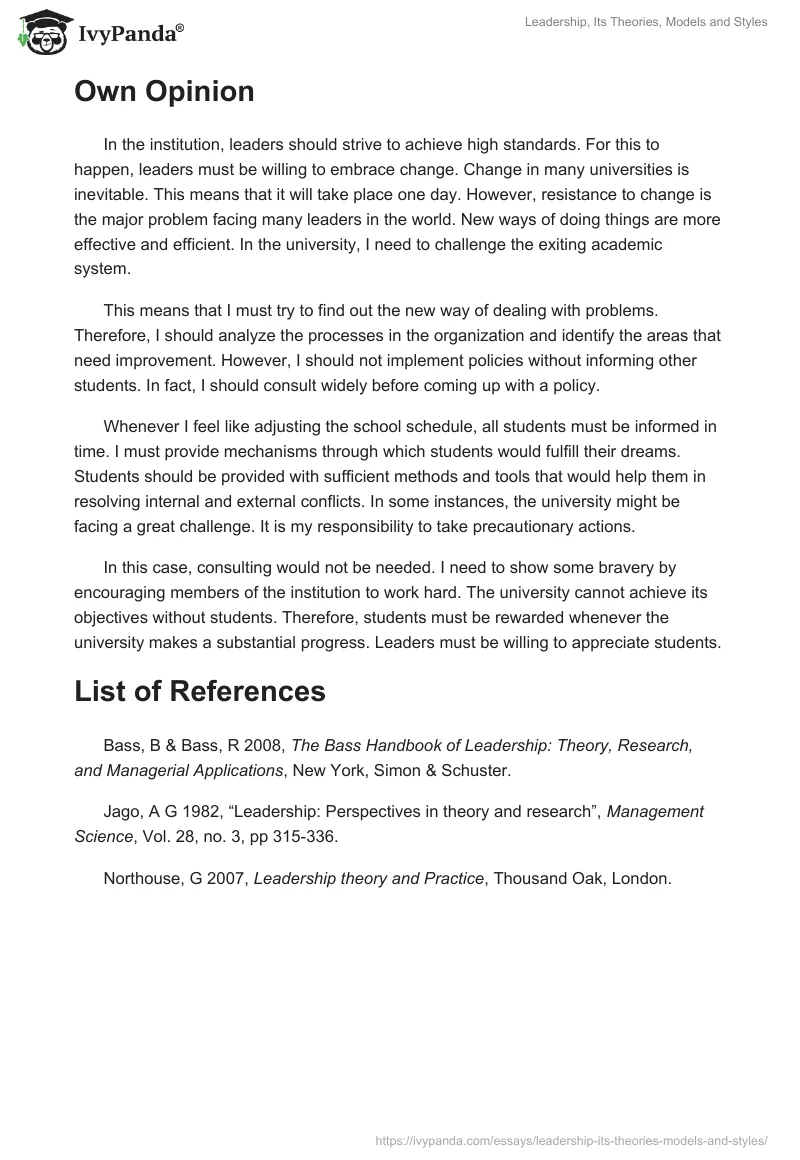 Leadership, Its Theories, Models and Styles. Page 5