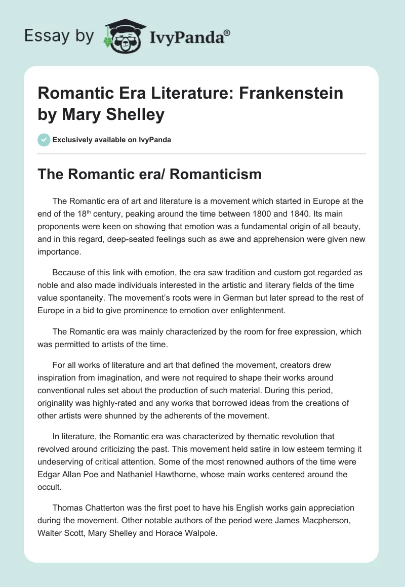 Romantic Era Literature: "Frankenstein" by Mary Shelley. Page 1