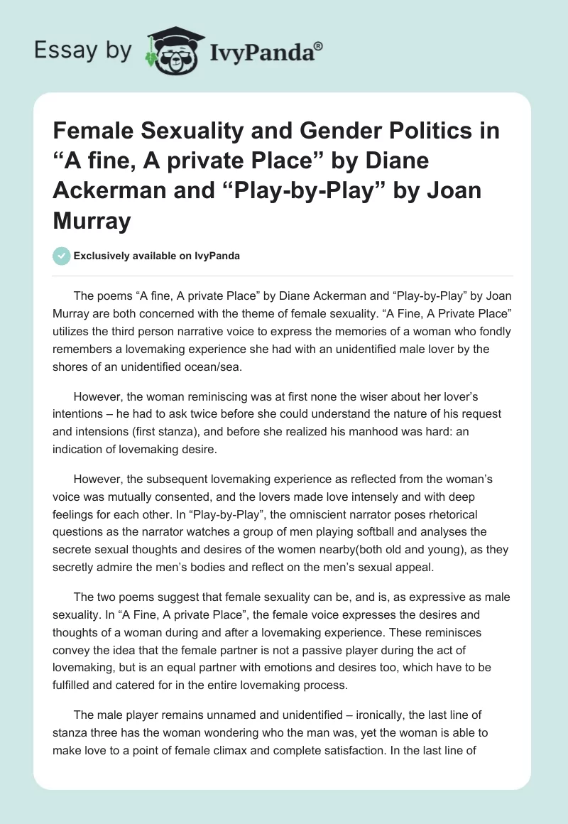 Female Sexuality and Gender Politics in “A fine, A private Place” by Diane Ackerman and “Play-by-Play” by Joan Murray. Page 1