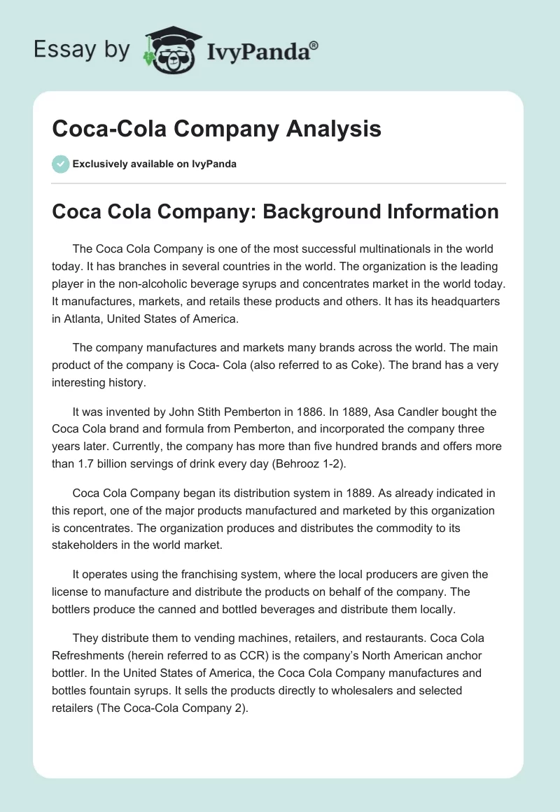 Coca-Cola Company Analysis. Page 1