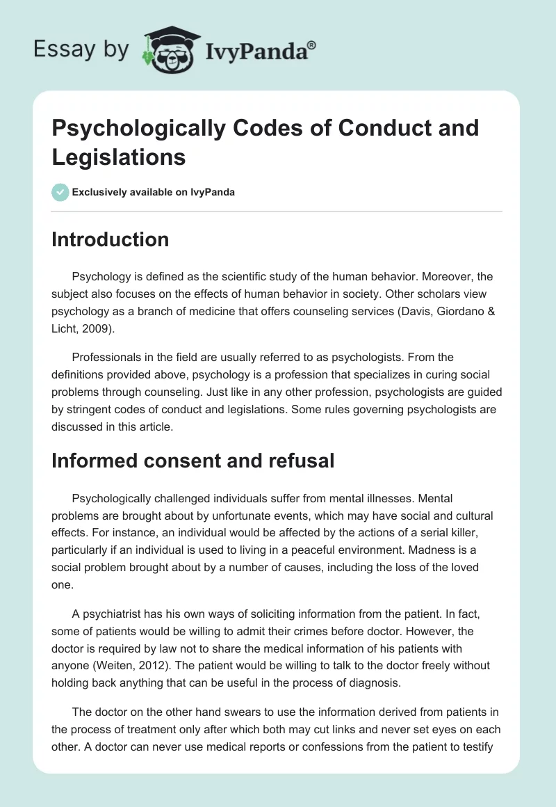 Psychologically Codes of Conduct and Legislations. Page 1