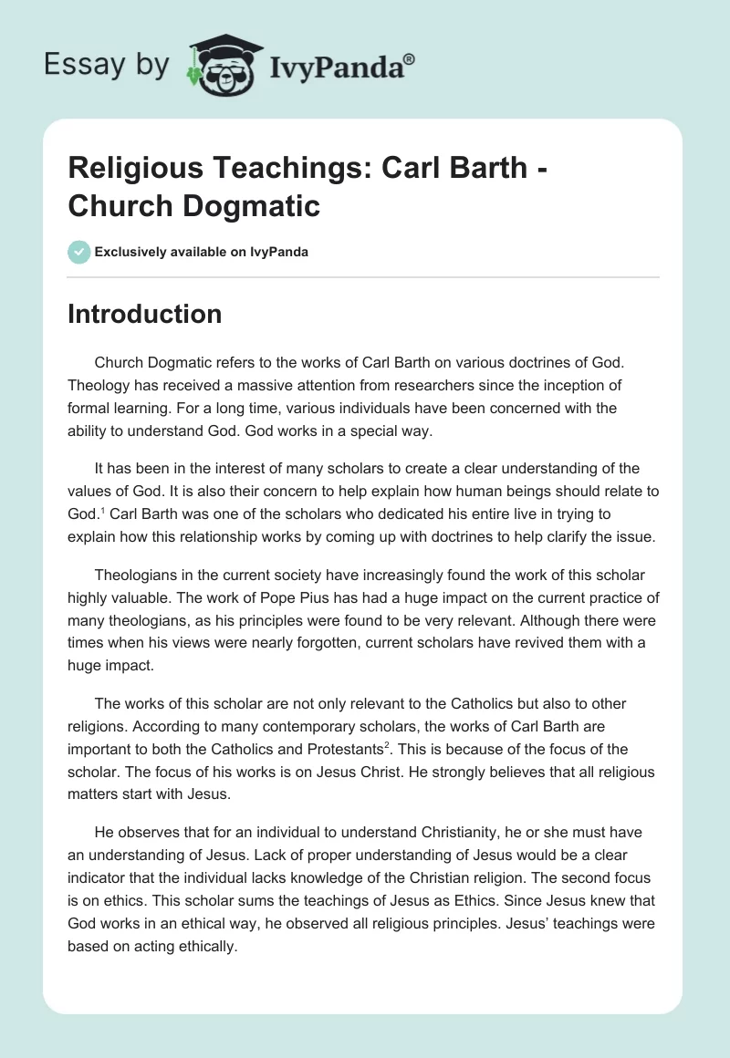 Religious Teachings: Carl Barth - Church Dogmatic. Page 1