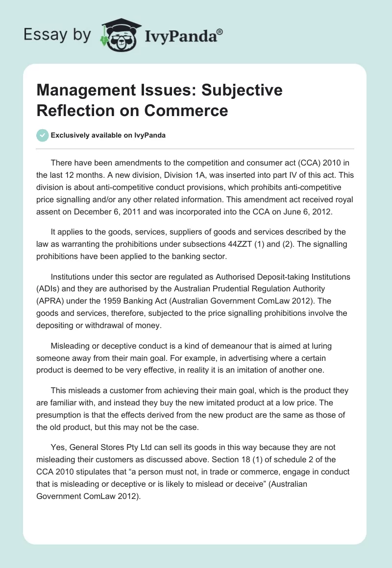 Management Issues: Subjective Reflection on Commerce. Page 1