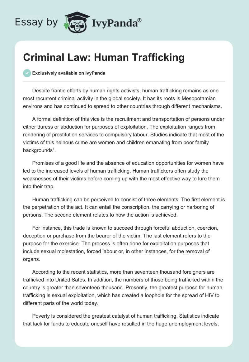 Criminal Law: Human Trafficking - 592 Words | Essay Example
