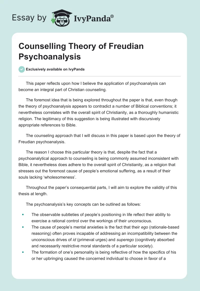 Counselling Theory of Freudian Psychoanalysis. Page 1