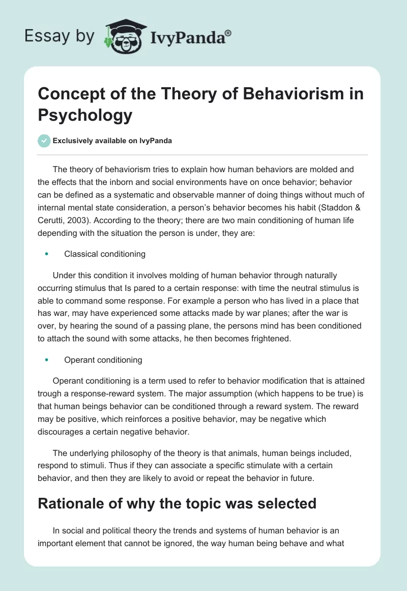 Concept of the Theory of Behaviorism in Psychology. Page 1