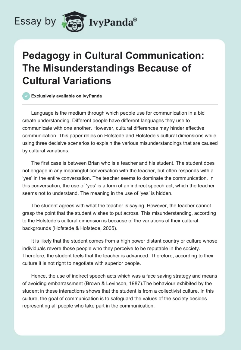 Pedagogy in Cultural Communication: The Misunderstandings Because of Cultural Variations. Page 1