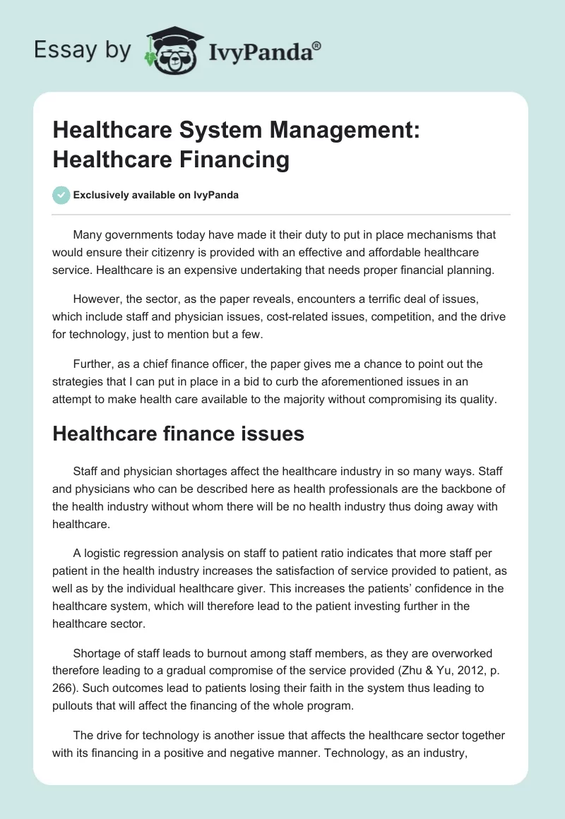 Healthcare System Management: Healthcare Financing. Page 1