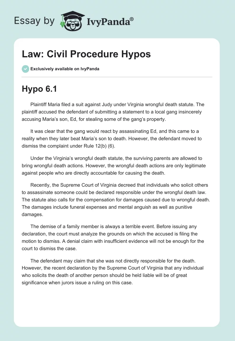 Law: Civil Procedure Hypos. Page 1