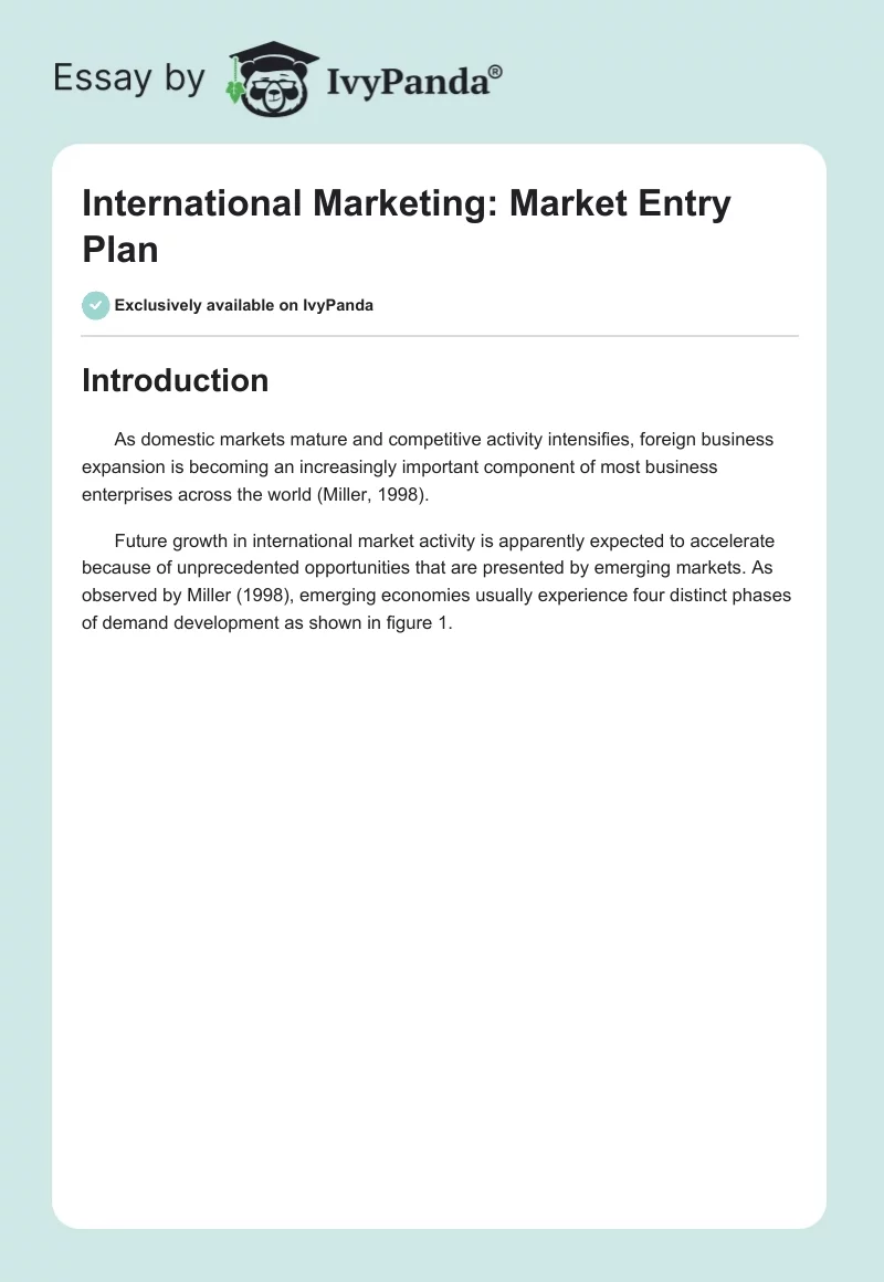 International Marketing: Market Entry Plan. Page 1