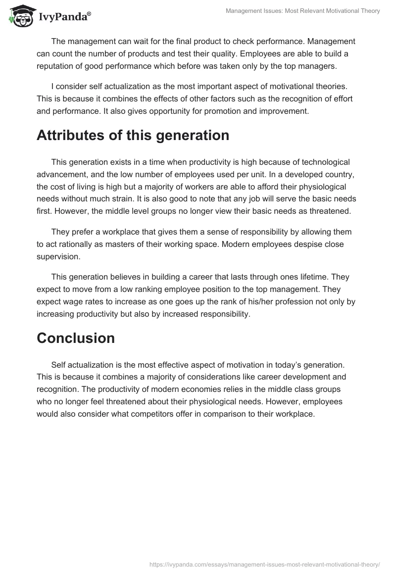 Management Issues: Most Relevant Motivational Theory. Page 2