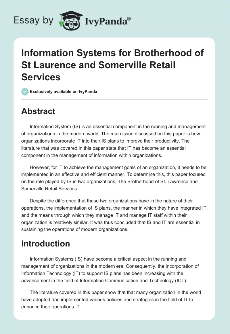 Information Systems for Brotherhood of St Laurence and Somerville Retail Services. Page 1
