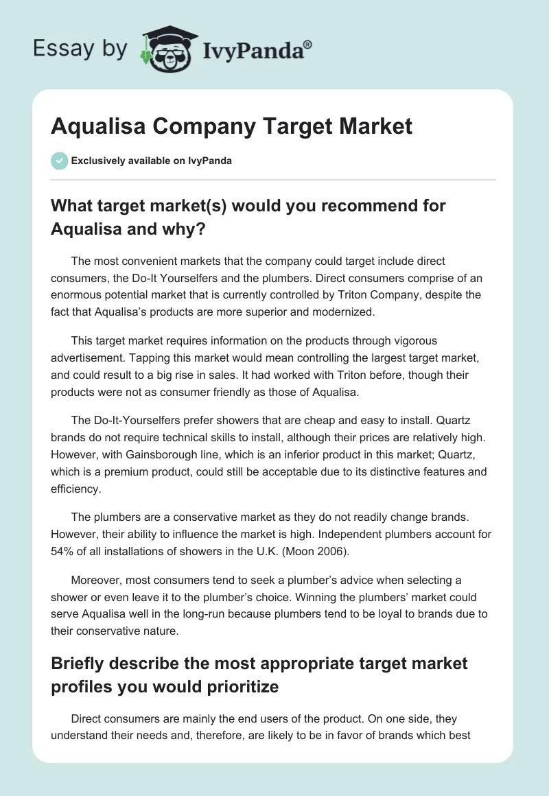 Aqualisa Company Target Market. Page 1