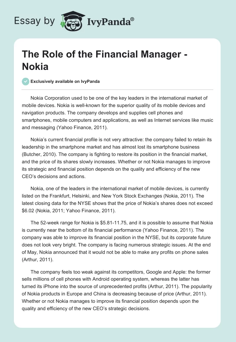 The Role of the Financial Manager - Nokia. Page 1