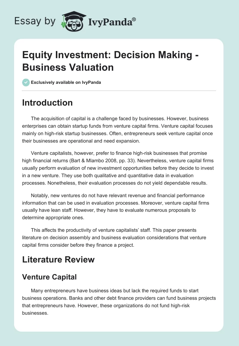 Equity Investment: Decision Making - Business Valuation. Page 1
