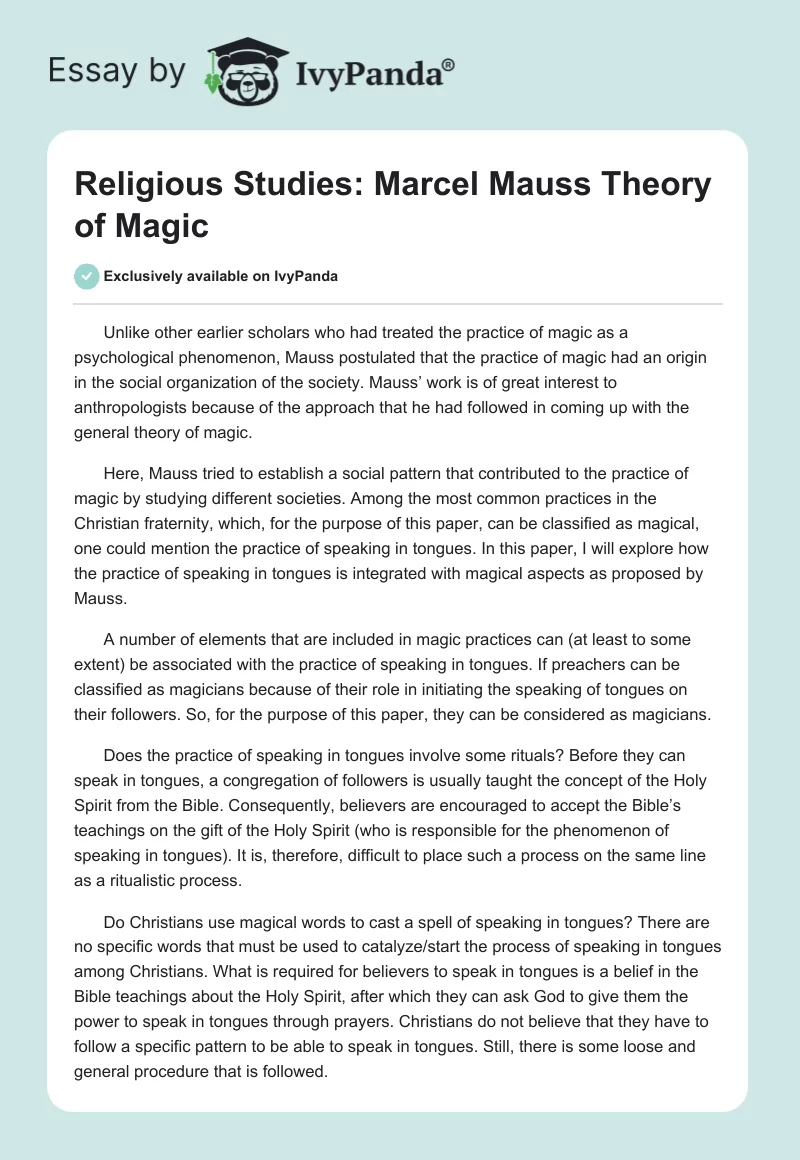 Religious Studies: Marcel Mauss Theory of Magic. Page 1