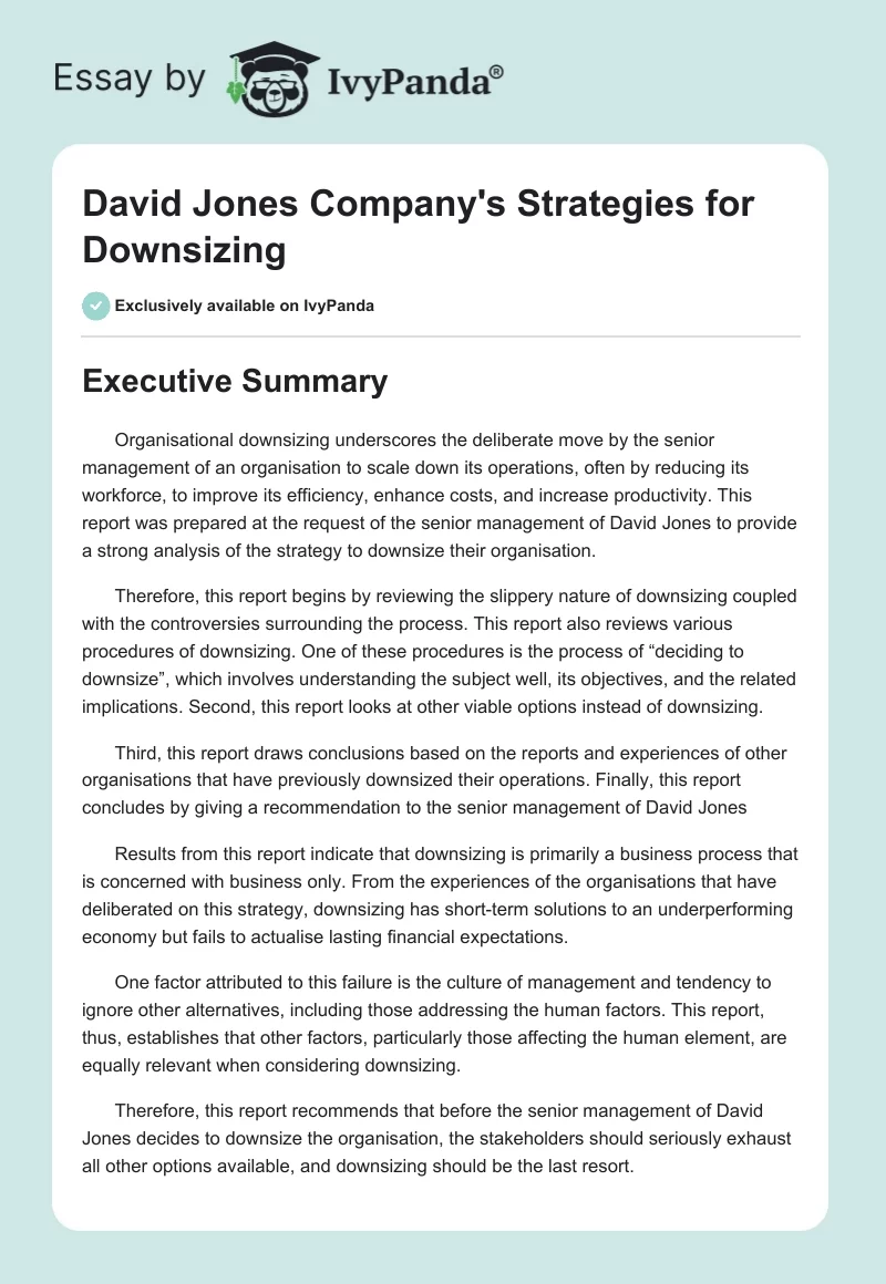 David Jones Company's Strategies for Downsizing. Page 1