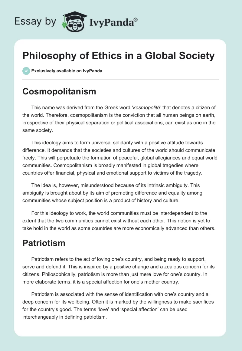 Philosophy of Ethics in a Global Society. Page 1