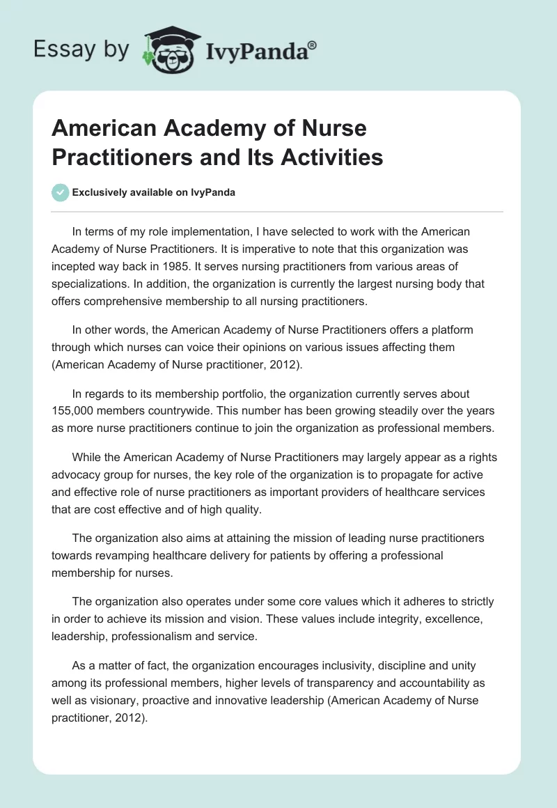 American Academy of Nurse Practitioners and Its Activities. Page 1