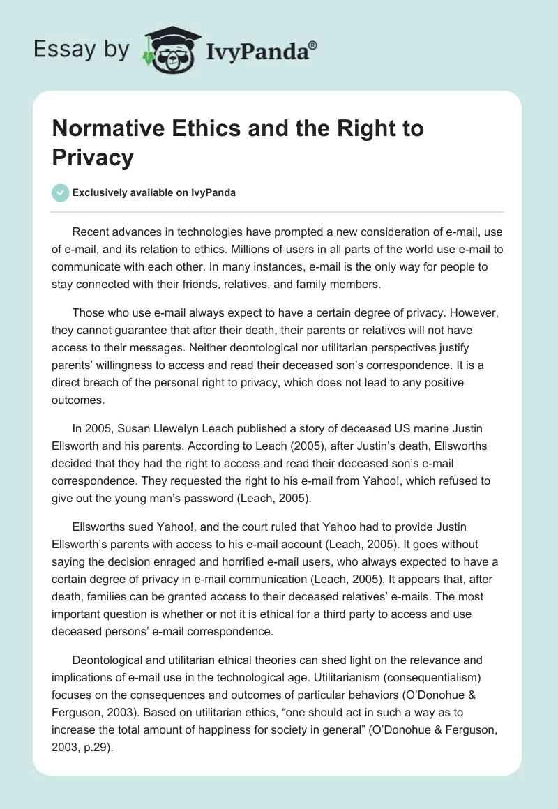 Normative Ethics and the Right to Privacy. Page 1