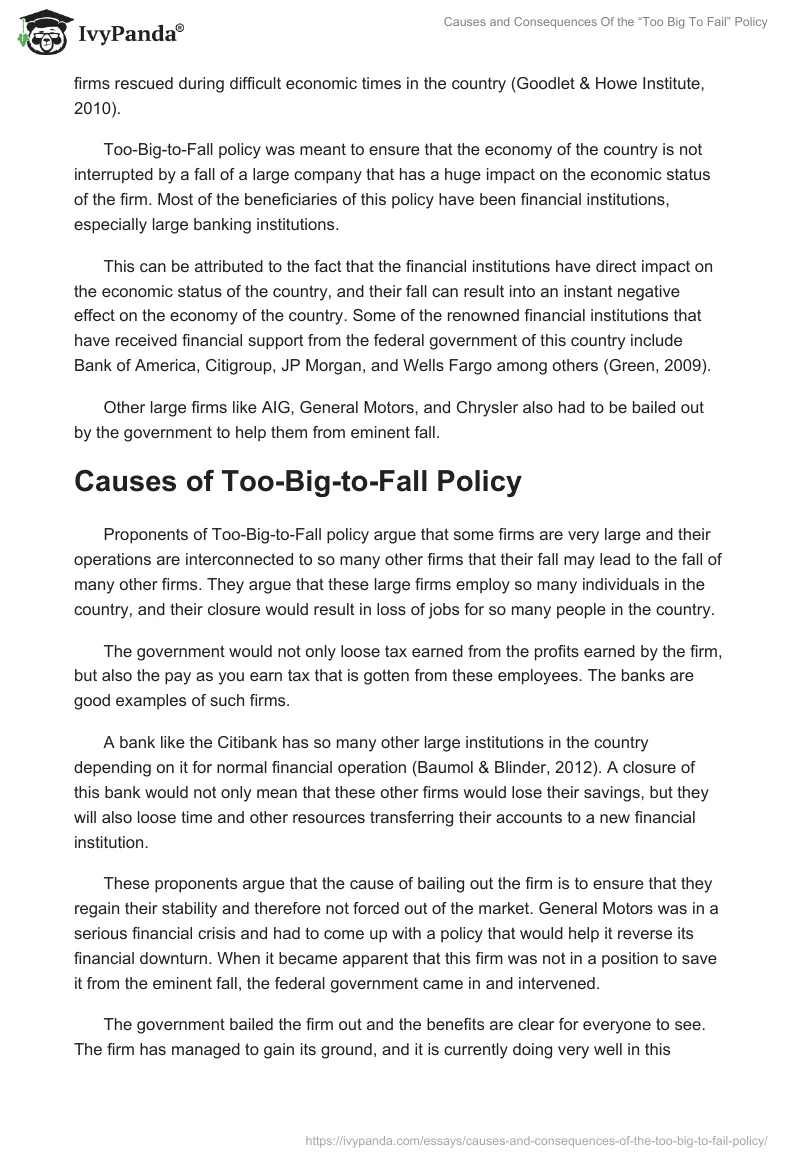 Causes and Consequences Of the “Too Big To Fail” Policy. Page 2