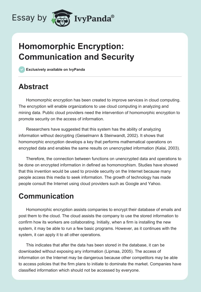 Homomorphic Encryption: Communication and Security. Page 1