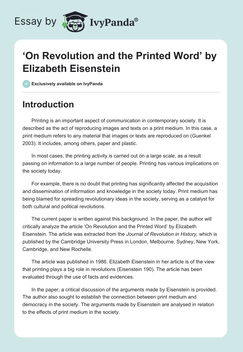 ‘On Revolution and the Printed Word’ by Elizabeth Eisenstein. Page 1