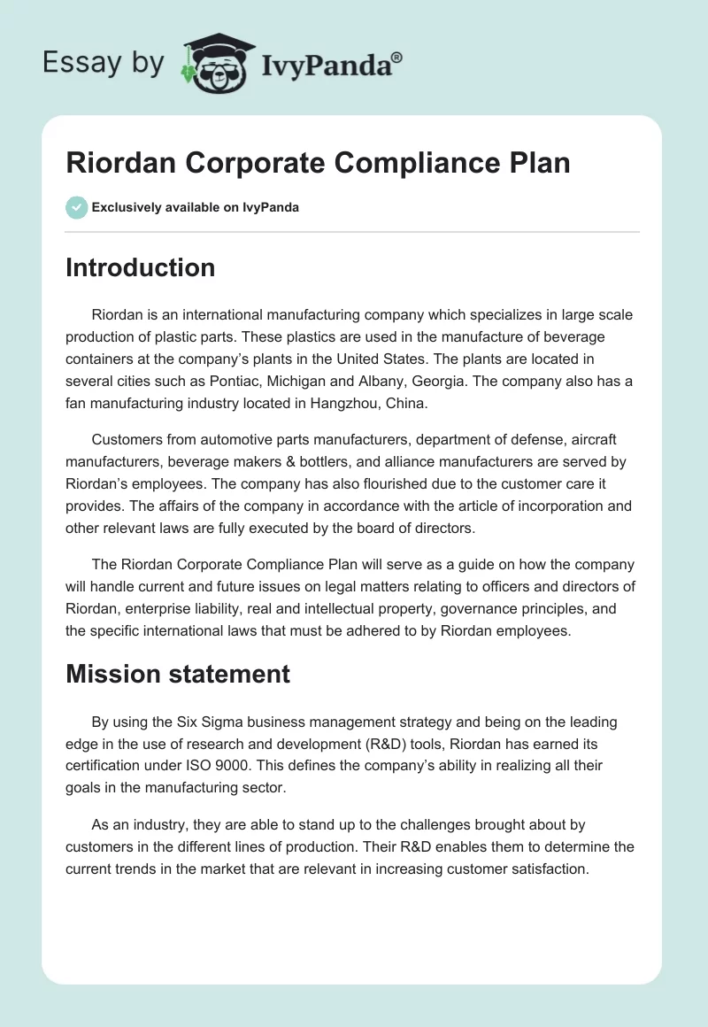 Riordan Corporate Compliance Plan. Page 1