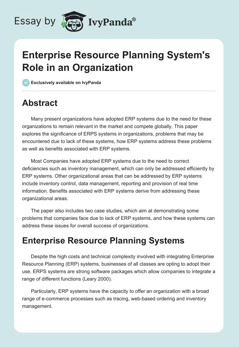 Enterprise Resource Planning System's Role in an Organization. Page 1